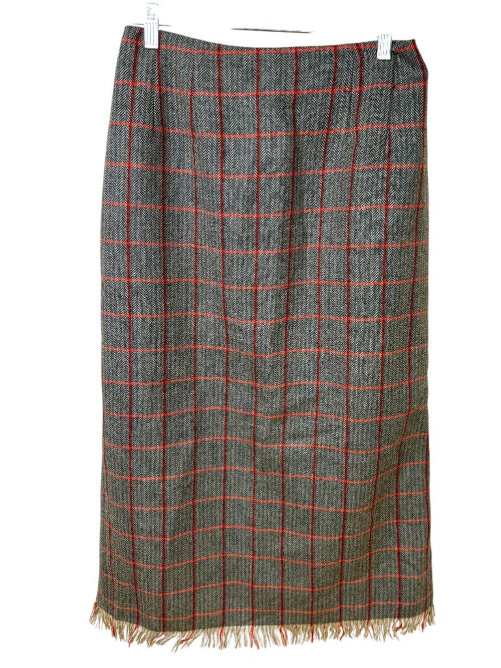 Harve Benard Column Skirt Wool Plaid Herringbone Gray Red Fringe (8)